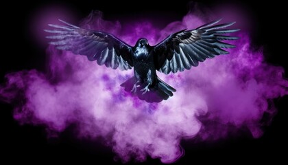 Fototapeta premium majestic raven emerging from a cloud of mystical purple smoke, its wings spread wide in flight.