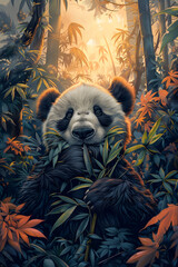 A terrestrial animal, the panda bear is munching on bamboo leaves in the jungle