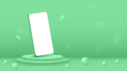 A web banner with a 3D smartphone on a podium with balloons on a green background. A concept for a mobile application.