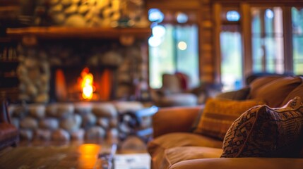 Blurred view of a quaint retreat with inviting couches rustic decor and the soft sound of a crackling fire in the distance tempting visitors to relax and unwind. .