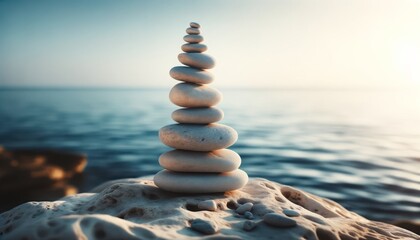 balanced stack of smooth, pale stones rises in a serene composition against a soft-focus blue water background.