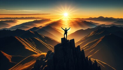 triumphant person standing on the summit of a majestic mountain, arms raised in victory against a backdrop - obrazy, fototapety, plakaty