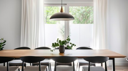 In the dining area a sleek wooden dining table is surrounded by minimalist black chairs with plush light gray seat cushions. The table is adorned with a simple centerpiece of a few .