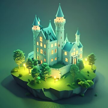 An 3D isometric small castle on a floating island.