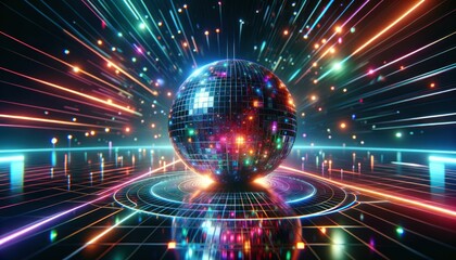Fototapeta premium futuristic disco ball in a virtual reality setting. The ball reflects a vibrant neon grid landscape,