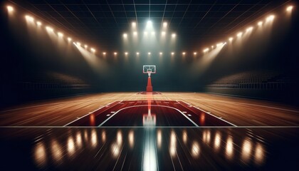 expansive indoor basketball arena with a gleaming polished wooden floor that reflects the red basketball hoop and bright white court lines.
