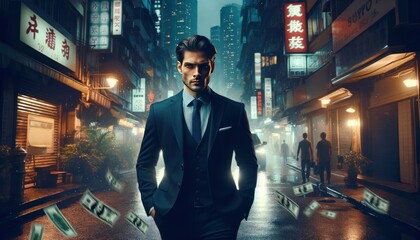 confident man in a sharp suit, exuding power and influence as he walks through a bustling urban street at dusk.