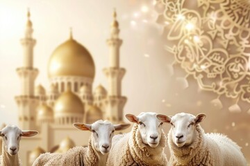Naklejka premium Islamic banner with sacrificial animals sheep and goats for Eid al-Adha greeting background and copy space - generative ai