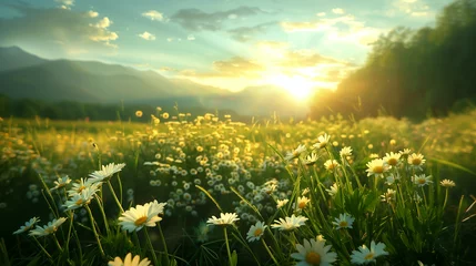 Fotobehang A field of daisies with a bright sun shining on them © ART IS AN EXPLOSION.