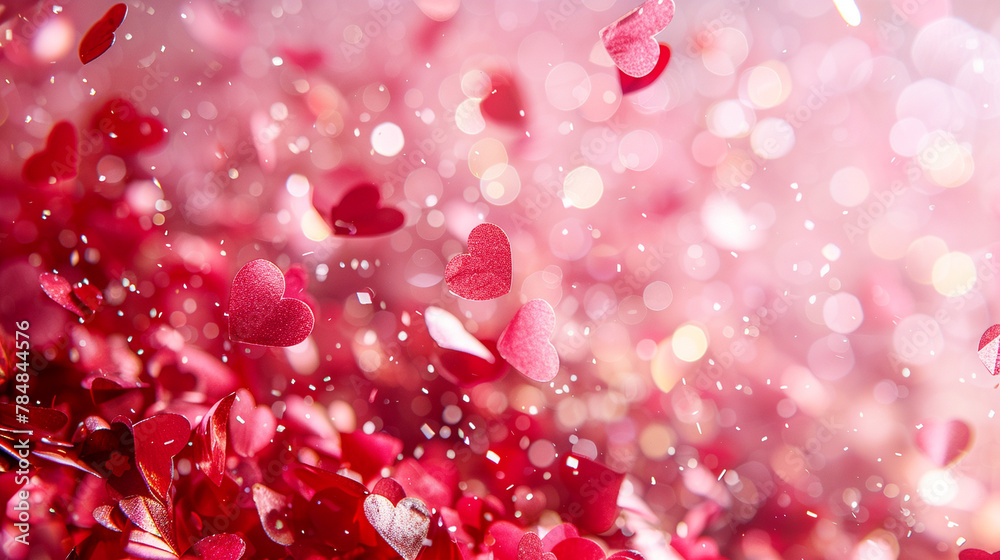 Sticker a background of soft pink and red hues, heart-shaped confetti scattered, for valentine's day celebra