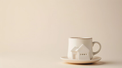 Minimal style of a white coffee cup with a small house model on the saucer, shot against a soft beige background
