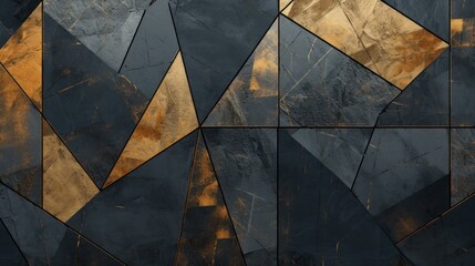 wallpaper with geometric designs on the background, in the style of dark gray and dark gold, cubist shattered planes, grungy textures - obrazy, fototapety, plakaty