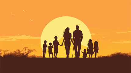 Fototapeta na wymiar Vector silhouette family with three children 2d flat