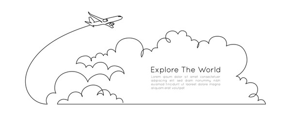 Airplane path in clouds in the sky in One Continuous line drawing. Business Concept of world travel and international flight airline in simple linear style. Editable stroke. Vector illustration