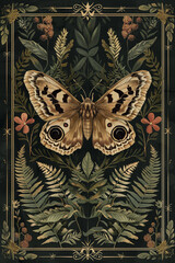 a tarot card of a moth and ferns, in the style of hauntingly beautiful illustrations