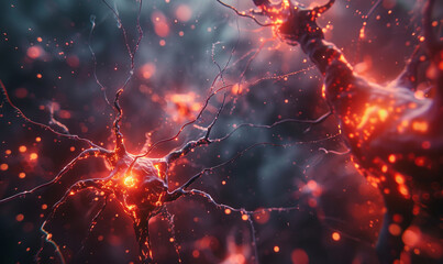 Beautifully abstract: Neurons' close-up, synapses and axons conveying electrical signals, illustrating signal transport concept.generative ai - obrazy, fototapety, plakaty