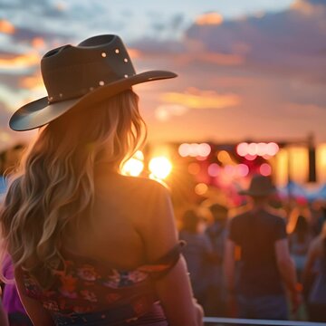 Girl in a cowboy hat watching a  concert at sunset