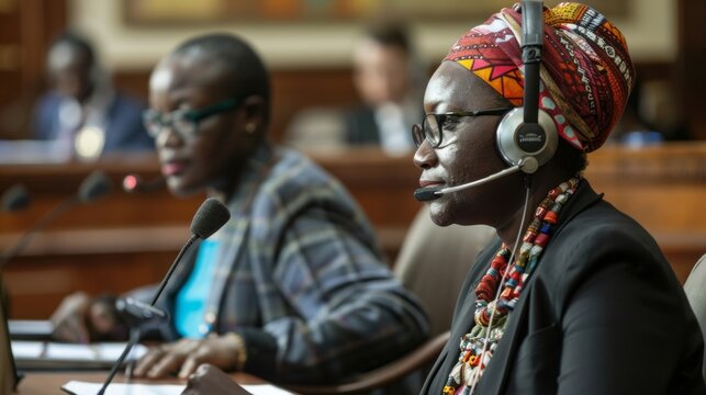 Two interpreters one speaking into a microphone while the other takes notes work together seamlessly to ensure accurate translation during a tense diplomatic conference. .