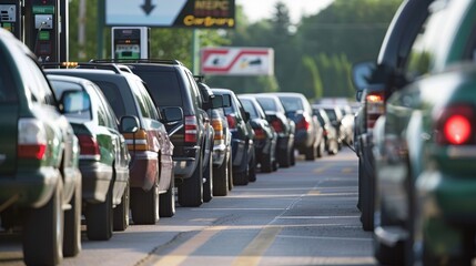 A line of cars forms at a biofuel station with drivers eagerly filling up their tanks with the ecofriendly fuel. Signs nearby advertise that a portion of the profits from the sales . - obrazy, fototapety, plakaty
