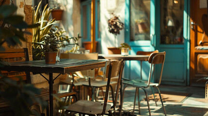 an outside cafe, in the style of teal and amber, natural light, snapshot aesthetic, brown academia - obrazy, fototapety, plakaty