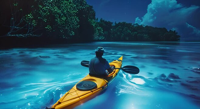 Solo Expedition Explorer in Kayak Navigating Bioluminescent Lagoon's Tranquil Waters, Immersed in Natural Wonder
