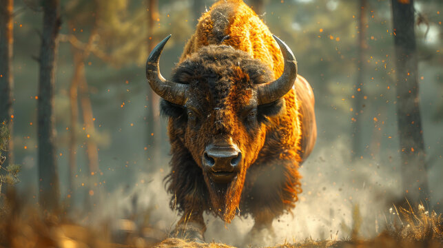 angry european bison charging at the camera,generative ai