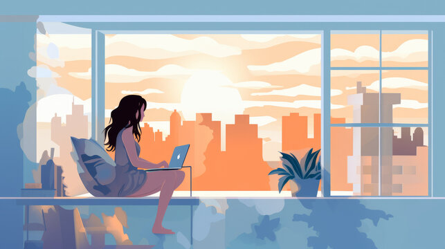 Elegant vector art: Girl works on laptop by window, ocean backdrop with sailboats, soft colors evoke tranquility.generative ai