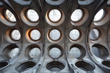 Architectural marvel showcasing an array of circular openings in a concrete structure, creating a hypnotic pattern that exudes modernity and design.

