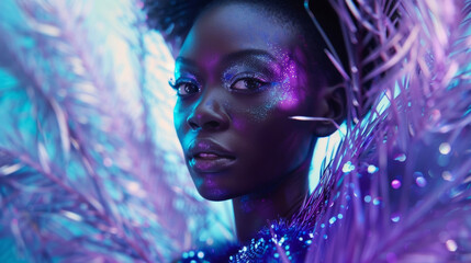This portrait captures a black woman with an otherworldly glow her skin almost iridescent in the light. Her dress seems to be made of stardust a mesmerizing blend of purples and blues . - obrazy, fototapety, plakaty