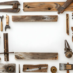A diverse array of tools is meticulously arranged on a pristine white background. The tools vary in size, shape, and function, creating a visually intriguing composition. - obrazy, fototapety, plakaty