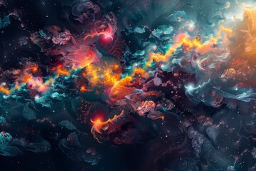 Abstract fractal resembling a celestial explosion with fiery colors and cosmic textures, ideal for vibrant designs and space-themed decor.

