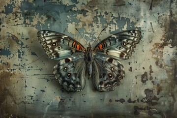 Artistic rendition of a butterfly with mechanical gears on a rusted metal texture, perfect for concepts of nature meeting technology.

