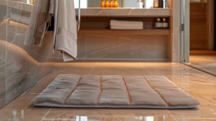 The use of velvet continues in the bathroom with a plush velvet bath mat and matching towels creating a spalike feel. The addition of this soft material elevates the contemporary design .
