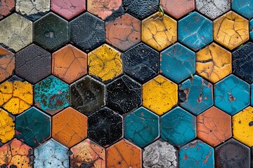 Vibrant mosaic of weathered hexagonal tiles in various colors with a textured, grunge appearance perfect for backgrounds or abstract art.

