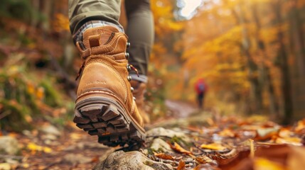 A close-up of a hiker's boots on a rugged trail, with the path winding through autumn-colored foliage, highlighting the personal journey and the beauty of seasonal changes.