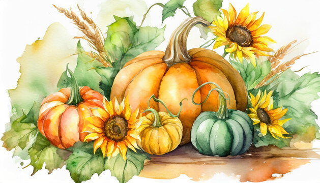 Watercolor drawing with pumpkins and sunflower flowers in vintage style, Thanksgiving card.