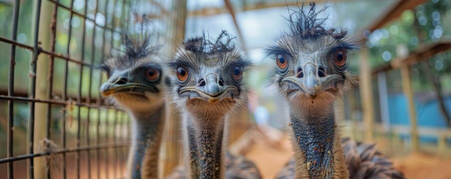 A trio of emus with quirky expressions peeking curiously through the metal bars of a fence in their enclosure.