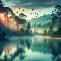 
first rays of the sun over the forest 1