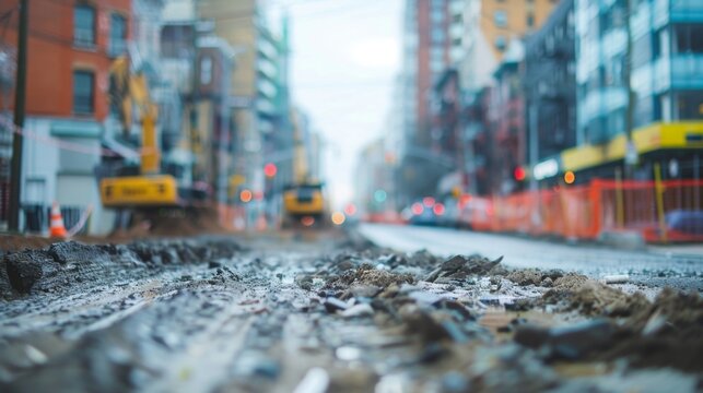 Softly blurred image of a city street lined with rundown buildings and construction sites symbolizing the process of urban renewal and the rebirth of a citys character. .