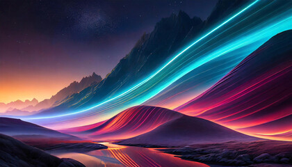 Landscape neon waves background, illustration.