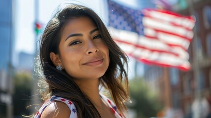 Latin woman looking at the horizon with the US flag in the background in the city. Happy latin woman contemplating the landscape full of hope for the future. - obrazy, fototapety, plakaty