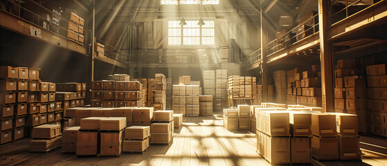 Spacious Warehouse with Organized Shelves Full of Boxes Ready for Shipment