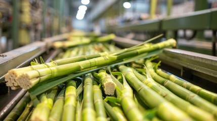 A conveyor belt system transports bundles of tall green stalks into a large processing machine as...