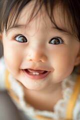 A close-up of a baby's face lit up with a gummy smile, eyes sparkling with unadulterated joy and innocence, radiating pure happiness.