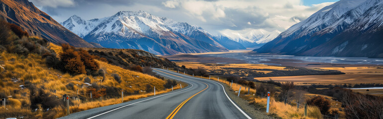A long serpentine road through big snowy mountains landscape banner. A snow covered mountain range with a winding empty road in the middle. 
