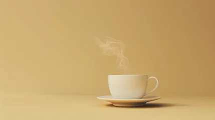 Foto auf Acrylglas A white coffee cup with steam coming out of it sits on a white plate on beige background. Concept of warmth and comfort, as the steam rising from the cup suggests a hot beverage being enjoyed. © Mrt