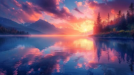 A sunrise over a still lake with the vibrant colors of the sky reflected in the water representing the harmony and union of yin and yang. - obrazy, fototapety, plakaty