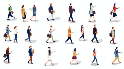 View of people walking vector illustrations set. Cr