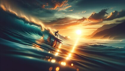 surfer gracefully navigating a wave, with a brilliant sunset in the background. The water glimmers with reflections - obrazy, fototapety, plakaty