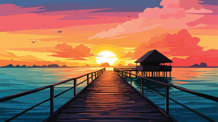 View of sunrise behind a pier in Indian Ocean Maldi - obrazy, fototapety, plakaty
